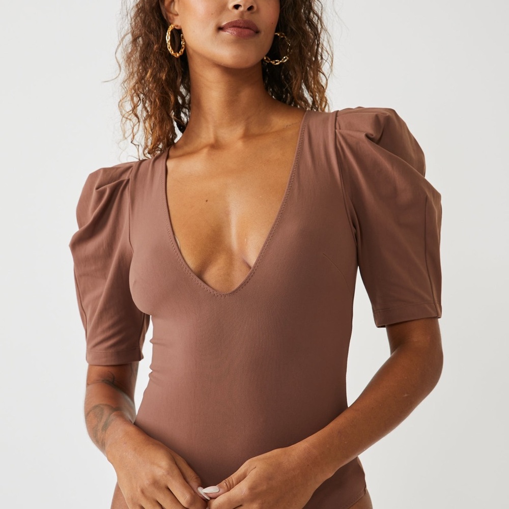Free People Va Va Voop Deep V-Neck Brown Bodysuit XL